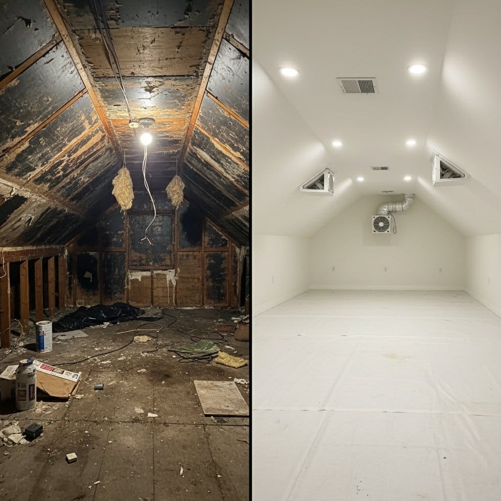 Before and after mold removal & remediation in Upper Saddle River commercial property attic space