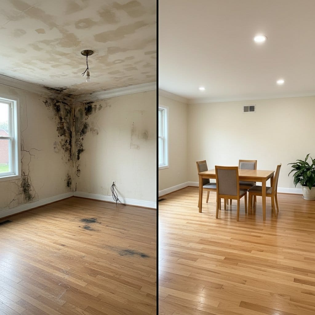 Before and after black mold removal in Upper Saddle River bungalow dining room