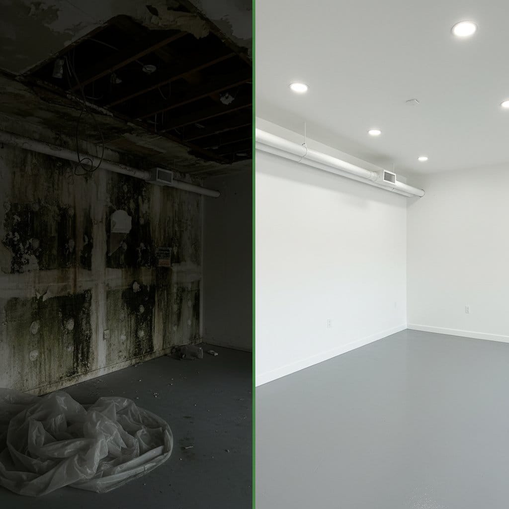 Before and after attic & crawl space mold removal in Upper Saddle River Cape Cod house storefront interior