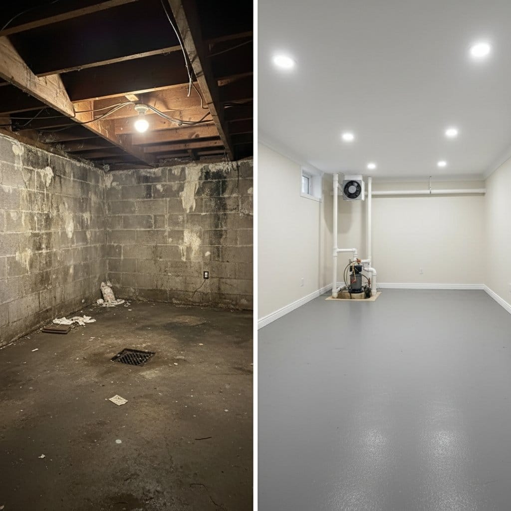 Basement & Foundation Mold Removal before and after in residential basement, Upper Saddle River NJ