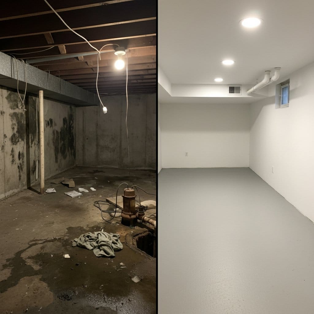 Humidity & Moisture Control Solution before and after in finished basement, Upper Saddle River NJ