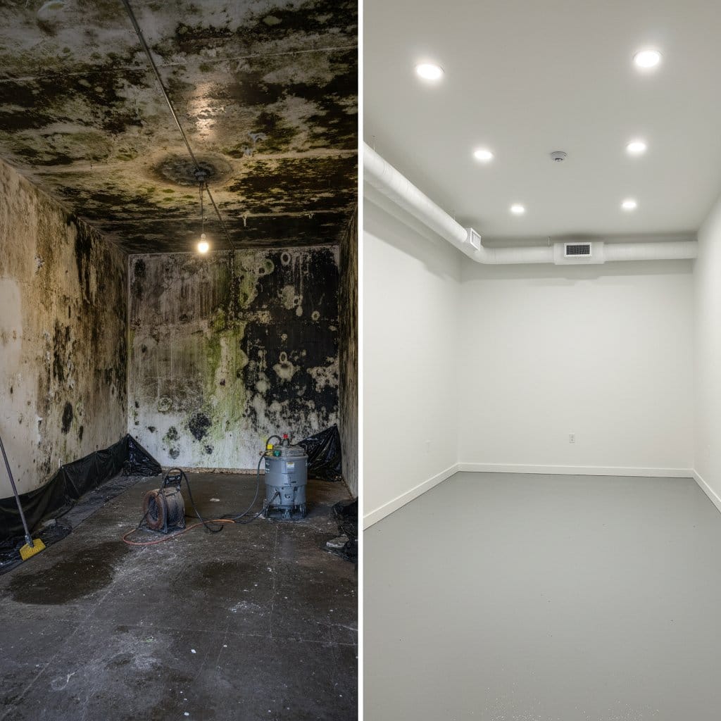 Before and after humidity & moisture control solution in Upper Saddle River townhouse storefront interior