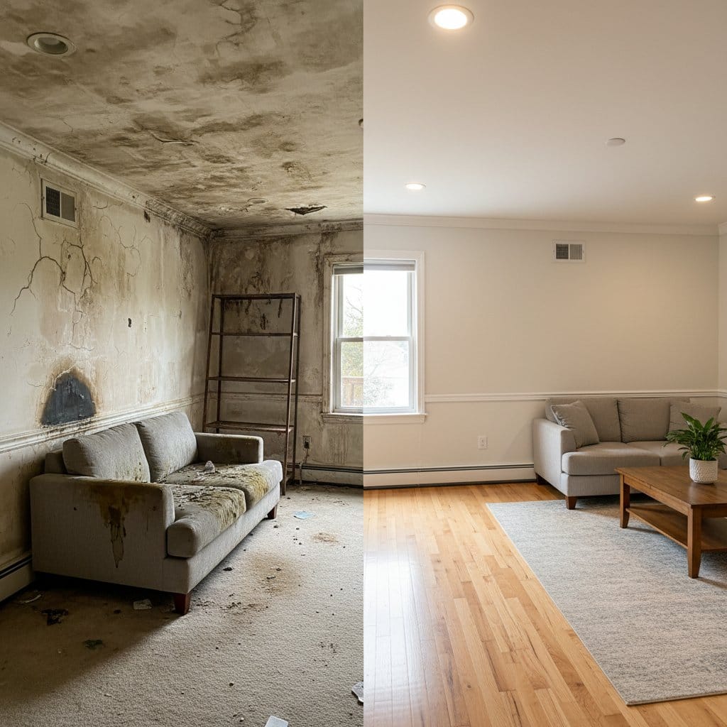 Upper Saddle River Mold Removal living room restoration before and after in Upper Saddle River